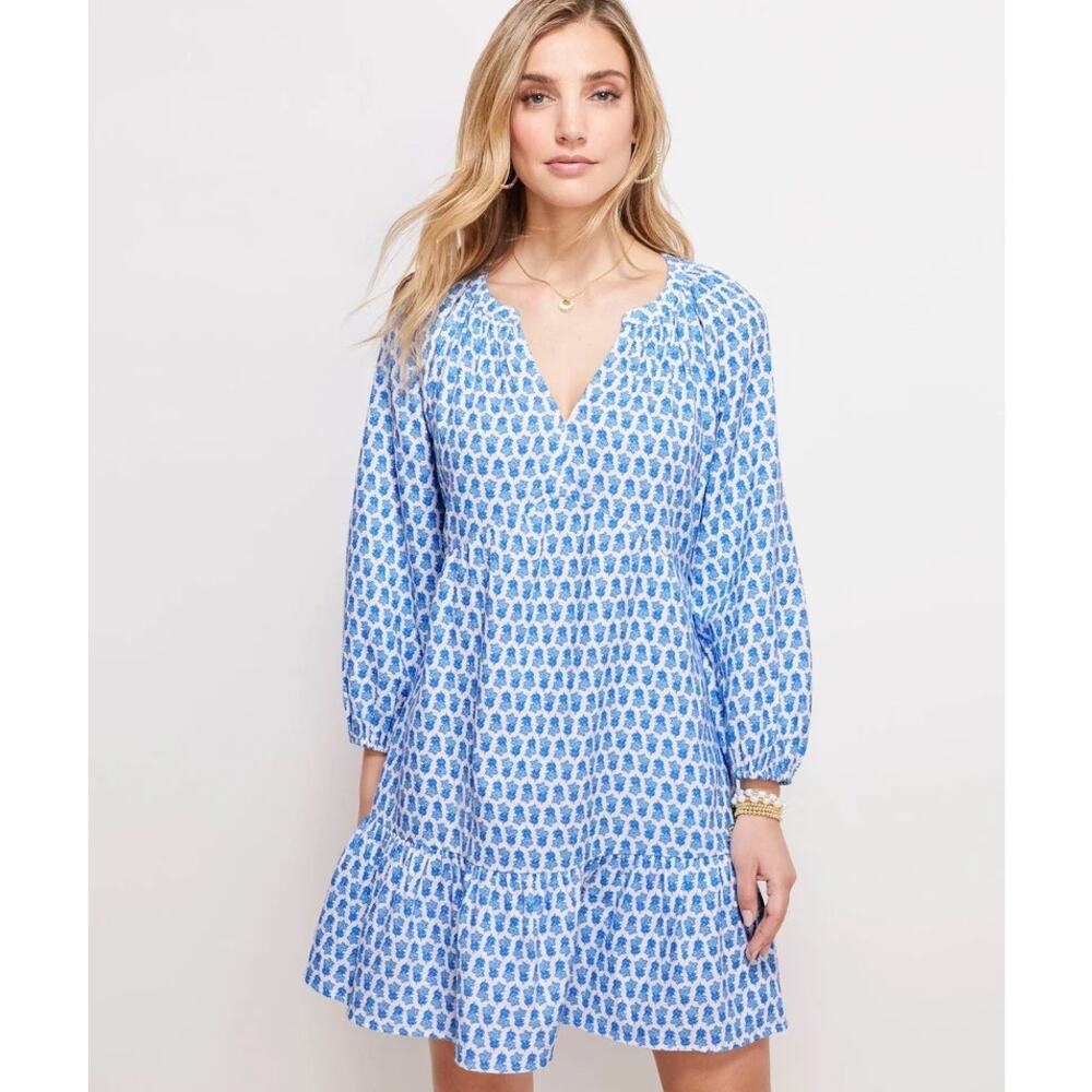 Vineyard Vines Seastitch Floral Blue & White Cotton Gauze Ruffle Hem Dress Large